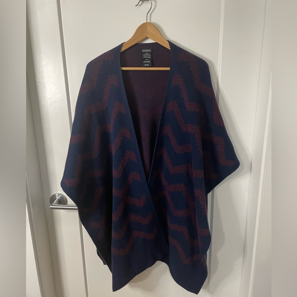 Original Nicole Miller Knit Zig Zag Print Shrug Poncho Blue and Burgundy OS